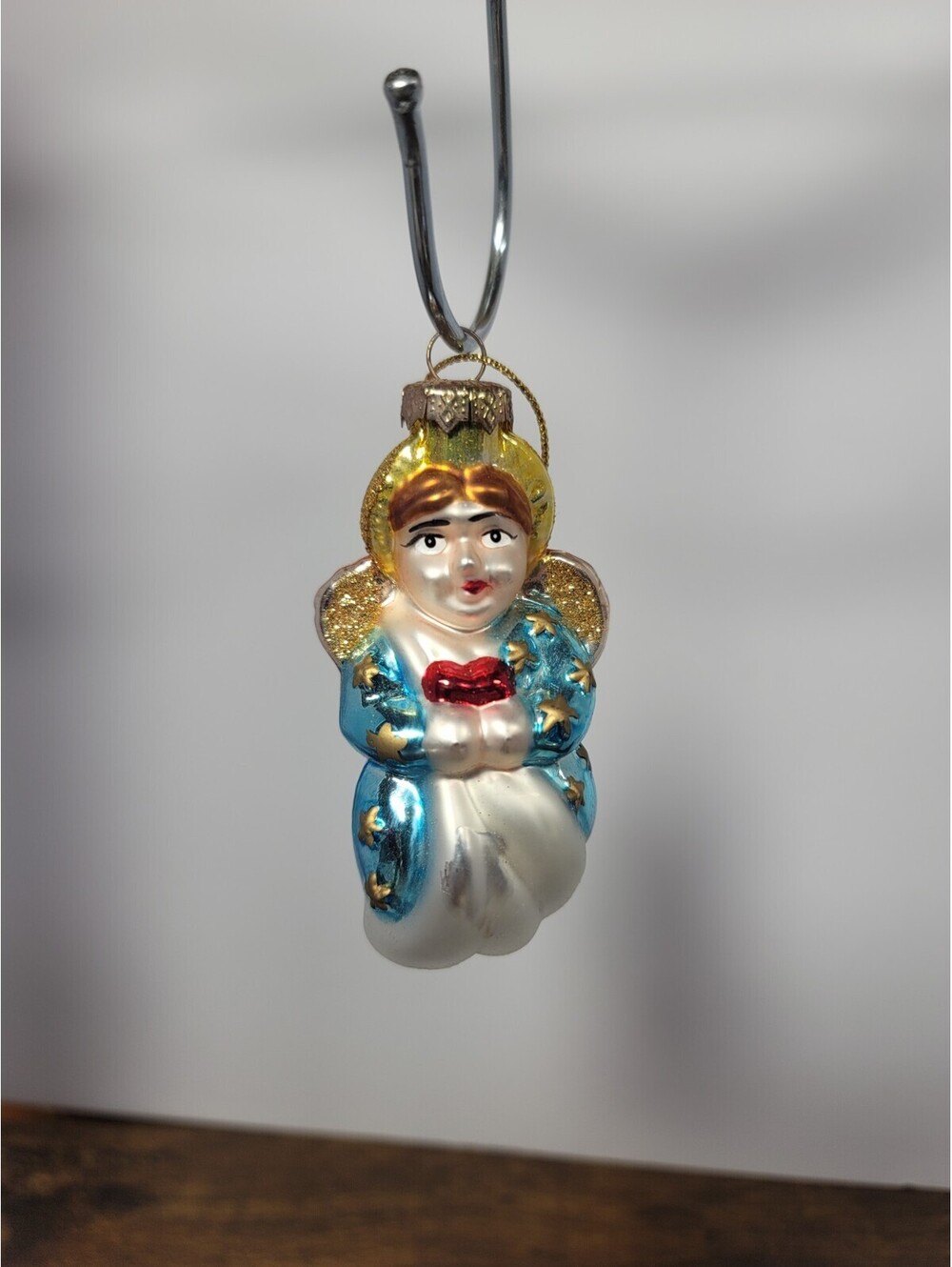 Vtg Thomas Pacconi Glass Christmas Tree Angel Glitter Wings Gold Blue White